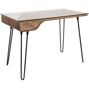 Avery Mid-Century Modern Desk In Walnut Wood, Clear Glass, And Black Metal