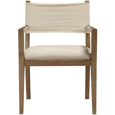 Avon Linen Textured Performance Fabric Upholstered Dining Arm Chair In Beige and Stained Walnut