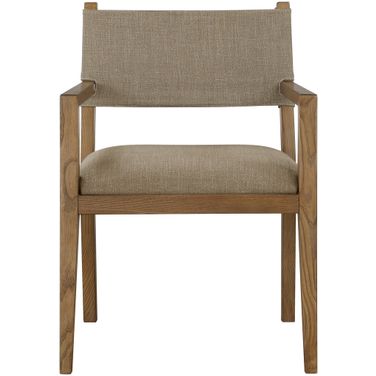 Avon Linen Textured Performance Fabric Upholstered Dining Arm Chair In Brown and Stained Walnut