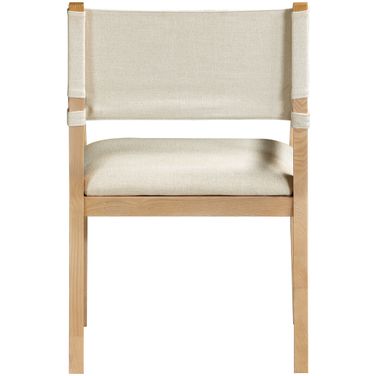 Avon Linen Textured Performance Fabric Upholstered Dining Arm Chair In Cream and Stained Natural