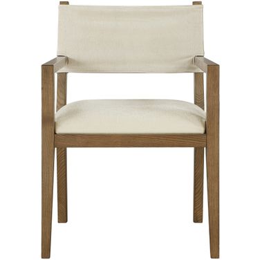 Avon Linen Textured Performance Fabric Upholstered Dining Arm Chair In Cream and Stained Walnut