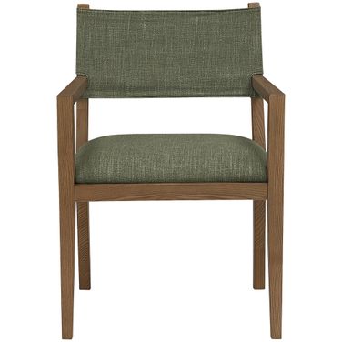 Avon Linen Textured Performance Fabric Upholstered Dining Arm Chair In Olive and Stained Walnut