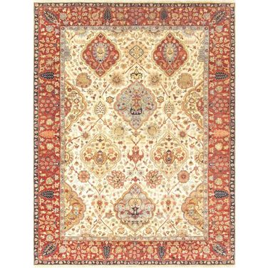 Azerbaijan Collection Hand-Knotted Lamb's Wool Area Rug- 8'11" x 11'10" In Ivory and Rust