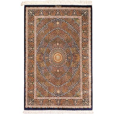 Azerbaijan Collection Hand-Knotted Pure Silk Area Rug- 2' 7" x 4' In Navy