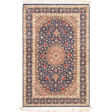 Azerbaijan Collection Hand-Knotted Pure Silk Area Rug- 3' 2" x 5' In Blue