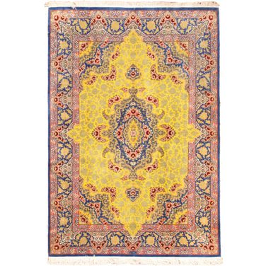 Azerbaijan Collection Hand-Knotted Pure Silk Area Rug- 4' 4" x 6' 4" In Yellow and Gold