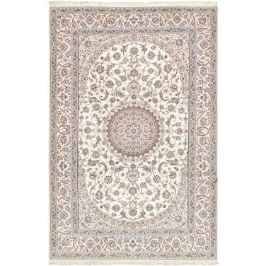 Azerbaijan Collection Hand-Knotted Silk and Wool Area Rug- 6'10" x 10' 3" In Ivory