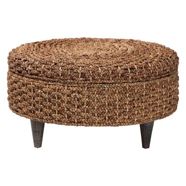 Bailey Handwoven Seagrass Round Storage Ottoman with Lift-Top Lid In Natural Brown and Espresso Brown