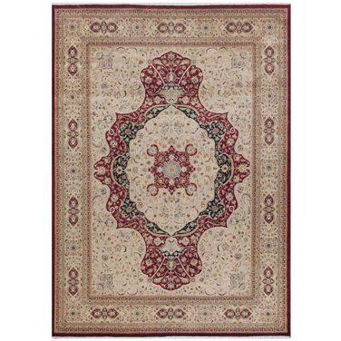 Baku Collection Hand-Knotted Lambs Wool Area Rug - 9' 1" x 12' 8" In Ivory and Red