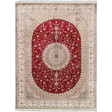 Baku Collection Hand-Knotted Pure Silk Area Rug- 9' x 12' In Ivory and Red