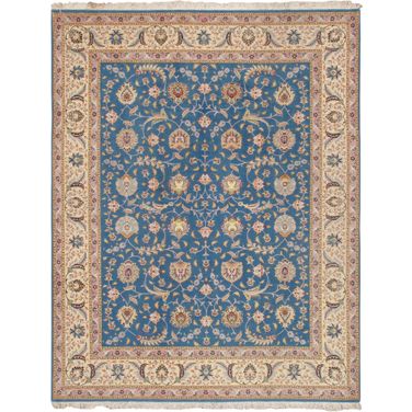 Baku Colletion Hand-Knotted Silk and Wool Area Rug- 6' 7" x 8' 6" In Blue and Ivory
