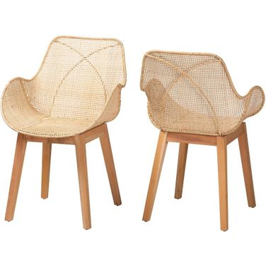 Ballerina Mahogany Wood and Rattan Dining Chair Set of 2 In Natural Brown