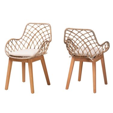 Ballerina Rattan and Wood Dining Chair Set of 2 In Grey and Natural Brown