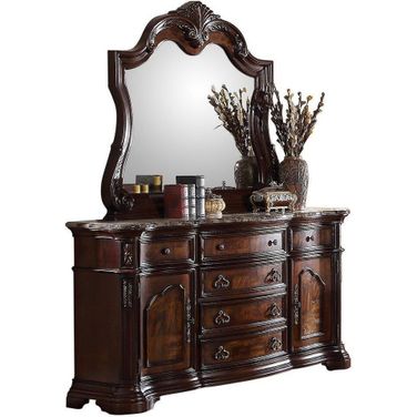 Barneys 2 Piece Wood Dresser And Mirror Set In Walnut With Marble Top