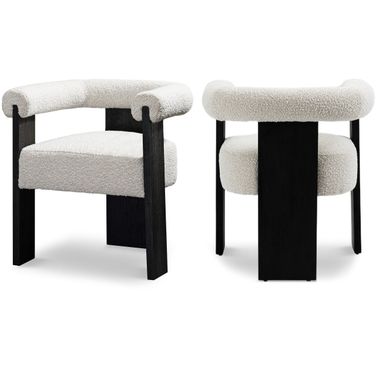 Barrel Boucle Fabric Dining Chair In Cream/Black