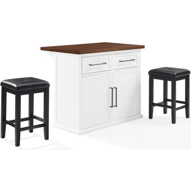 Bartlett Wood Top Kitchen Island W/Uph Square Stools In White and Black