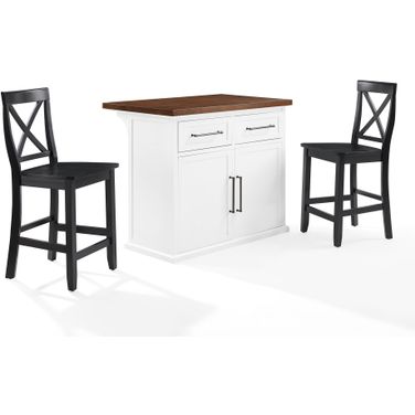 Bartlett Wood Top Kitchen Island W/X-Back Stools In White and Black
