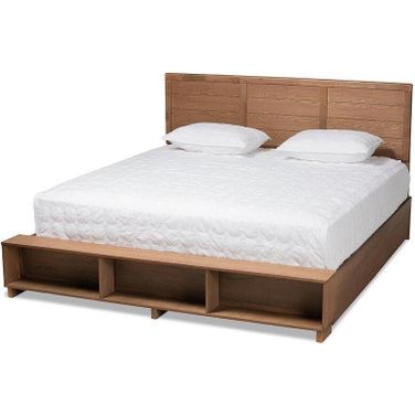 Baxton Studio Alba Modern Transitional Ash Walnut Brown Finished Wood King Size 4-Drawer Platform Storage Bed with Built-In Shelves