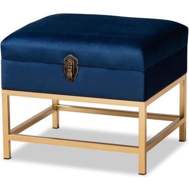 Baxton Studio Aliana Glam And Luxe Navy Blue Velvet Fabric Upholstered And Gold Finished Metal Small Storage Ottoman