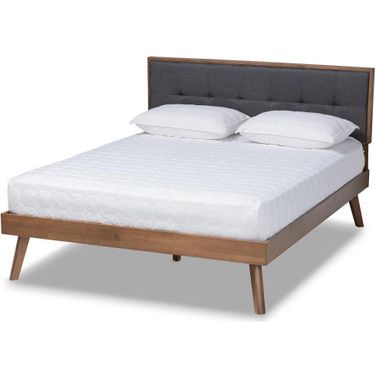 Baxton Studio Alke Mid-Century Modern Dark Grey Fabric Upholstered Walnut Brown Finished Wood King Size Platform Bed