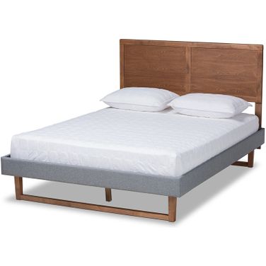 Baxton Studio Allegra Mid-Century Modern Dark Grey Fabric Upholstered and Ash Walnut Brown Finished Wood Queen Size Platform Bed