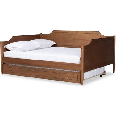 Baxton Studio Alya Classic Traditional Farmhouse Walnut Brown Finished Wood Full Size Daybed With Roll Out Trundle Bed