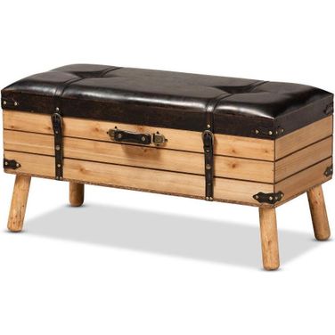 Baxton Studio Amena Rustic Transitional Dark Brown Pu Leather Upholstered And Oak Finished Wood Large Storage Ottoman