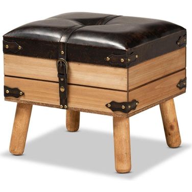 Baxton Studio Amena Rustic Transitional Dark Brown Pu Leather Upholstered And Oak Finished Wood Small Storage Ottoman