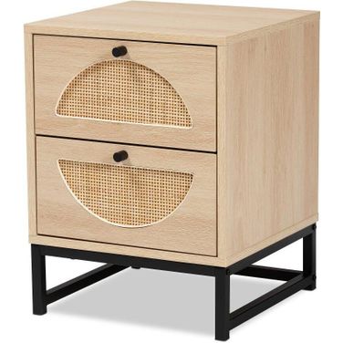 Baxton Studio Ardon Bohemian Light Brown Finished Wood and Black Metal 2-Drawer End Table with Natural Rattan
