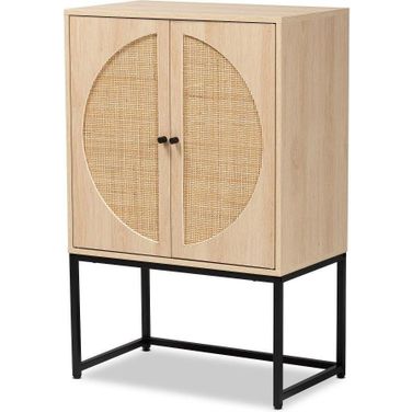 Baxton Studio Ardon Bohemian Light Brown Finished Wood And Black Metal 2-Door Storage Cabinet With Natural Rattan
