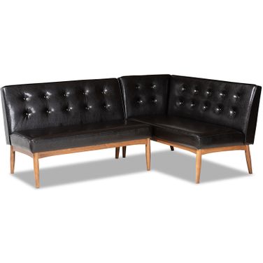 Baxton Studio Arvid Mid-Century Modern Dark Brown Faux Leather Upholstered 2-Piece Wood Dining Corner Sofa Bench