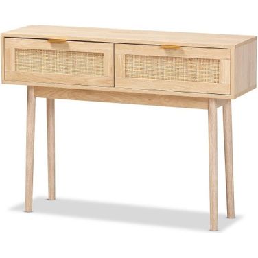 Baxton Studio Baird Mid Century Modern Light Oak Brown Finished Wood And Rattan 2 Drawer Console Table