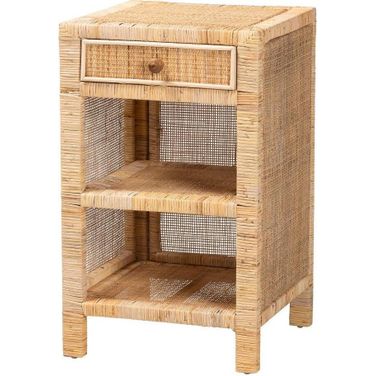 Baxton Studio Bella Modern Bohemian Natural Brown Mahogany Wood and Natural Rattan 1 Drawer Nightstand