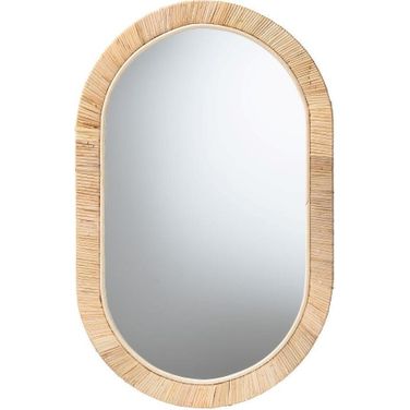 Baxton Studio Bella Modern Bohemian Natural Brown Mahogany Wood and Natural Rattan Oval Mirror