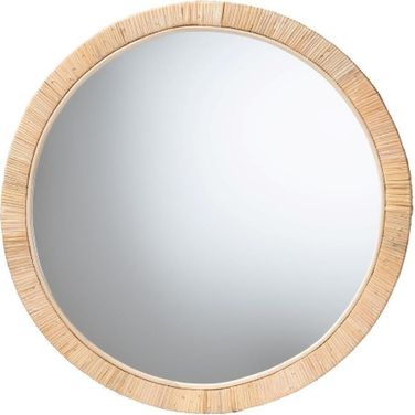 Baxton Studio Bella Modern Bohemian Natural Brown Mahogany Wood and Natural Rattan Round Mirror