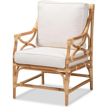 Baxton Studio Brandon Modern Bohemian White Fabric Upholstered and Natural Brown Rattan Armchair
