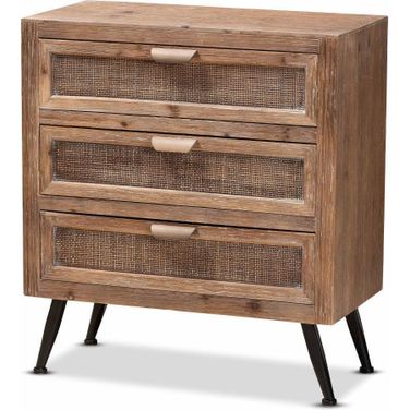 Baxton Studio Calida Mid Century Modern Whitewashed Natural Brown Finished Wood And Rattan 3 Drawer Storage Cabinet