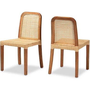 Baxton Studio Caspia Mid-Century Modern Walnut Brown Finished Wood And Natural Rattan 2-Piece Dining Chair Set