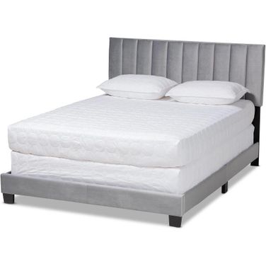 Baxton Studio Clare Glam and Luxe Grey Velvet Fabric Upholstered Queen Size Panel Bed with Channel Tufted Headboard