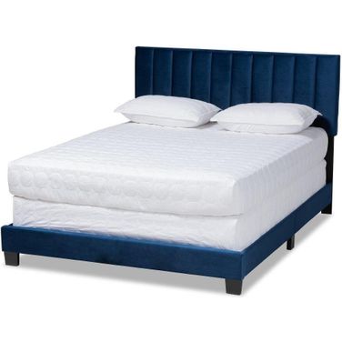 Baxton Studio Clare Glam and Luxe Navy Blue Velvet Fabric Upholstered Queen Size Panel Bed with Channel Tufted Headboard
