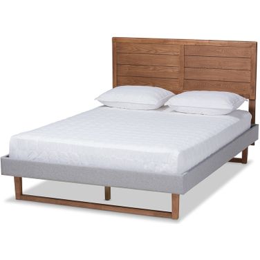 Baxton Studio Claudia Rustic Modern Light Grey Fabric Upholstered and Walnut Brown Finished Wood Full Size Platform Bed