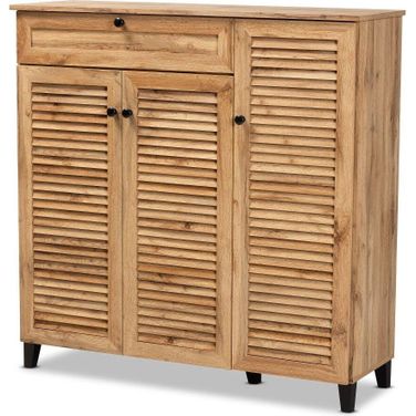 Baxton Studio Coolidge Modern And Contemporary Oak Brown Finished Wood 3-Door Shoe Storage Cabinet With Drawer
