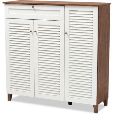 Coolidge Modern and Contemporary Walnut and White Finished 11-Shelf Wood Shoe Storage Cabinet with Drawer