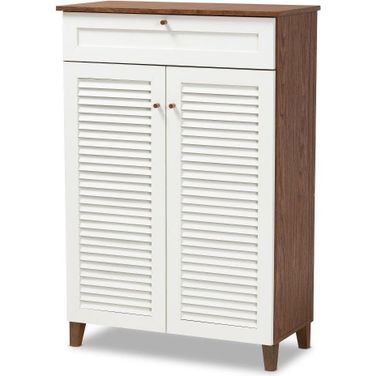 Baxton Studio Coolidge Modern and Contemporary White and Walnut Finished 5-Shelf Wood Shoe Storage Cabinet with Drawer
