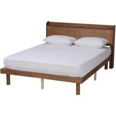 Baxton Studio Decker Mid-Century Modern Transitional Walnut Brown Finished Wood Full Size Platform Bed With Charging Station