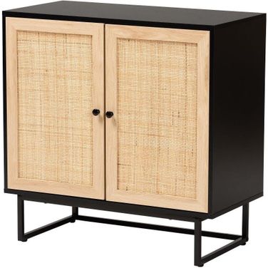 Baxton Studio Declan Mid-Century Modern Espresso Brown Finished Wood and Natural Rattan 2-Door Storage Cabinet