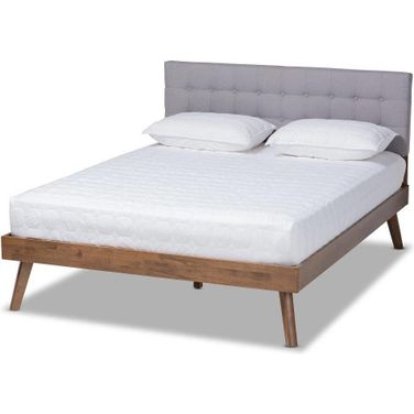 Baxton Studio Devan Mid-Century Modern Light Grey Fabric Upholstered Walnut Brown Finished Wood Queen Size Platform Bed