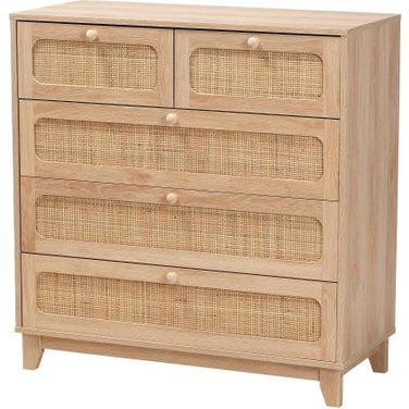 Baxton Studio Elsbeth Mid Century Modern Oak Brown Finished Wood and Natural Rattan 5 Drawer Storage Cabinet