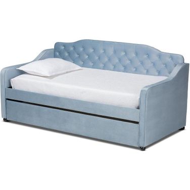 Baxton Studio Freda Traditional and Transitional Light Blue Velvet Fabric Upholstered and Button Tufted Twin Size Daybed with Trundle
