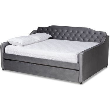 Baxton Studio Freda Transitional and Contemporary Grey Velvet Fabric Upholstered and Button Tufted Queen Size Daybed with Trundle